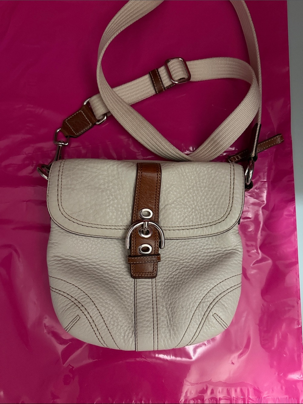 Coach Cream Leather Crossbody with Brown Trim and Buckle